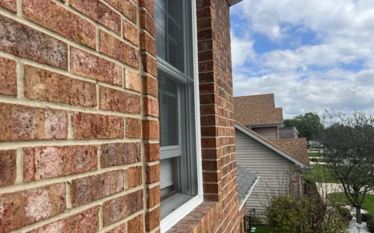 Fresh white caulking applied around exterior window frame on brick wall