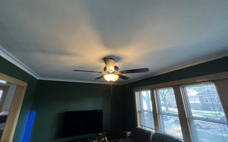 Installed ceiling fan with light fixture in living room with green walls
